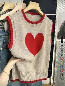 Spring & Fall Colorblock Heart Casual Versatile Women's Vest Pullover, Simple Fashion Leisure Fit, Valentine's Day Sweater Vest