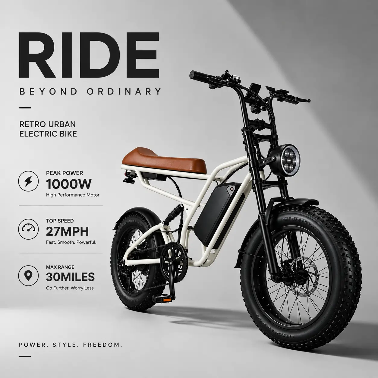 M1 Retro Urban Ebike 1150 Peak Powe, White Fat Tire Electric Bike, 48V15.6Ah Battery, 26.7MPH Cafe Racer Style for  to Lightweight Adult Dirt Bike Start bicycle all-terrain nelectric f12 mtn