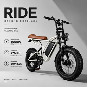 M1 Retro Urban Ebike 1150 Peak Powe, White Fat Tire Electric Bike, 48V15.6Ah Battery, 26.7MPH Cafe Racer Style for  to Lightweight Adult