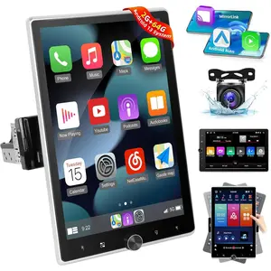 Android 15 Single Din Vertical Car Stereo Rotatable 10.4 inch Touch Screen Radio with Carplay/Android Auto/EQ Audio/Bluetooth/SWC/GPS Navigation/FM RDS Radio + Camera, 2G+64G