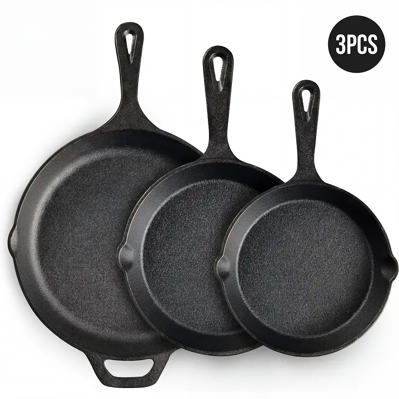 summerwins 3-Piece Pre-Seasoned Cast Iron Skillet Set with Holes - Ready-to-Use Non-Stick Hanging Cookware Pots and Pans, 6.45"/8.26"/10.62" Sizes, Egg Cooking, Indoor/Camping Use, Grill & Oven Safe