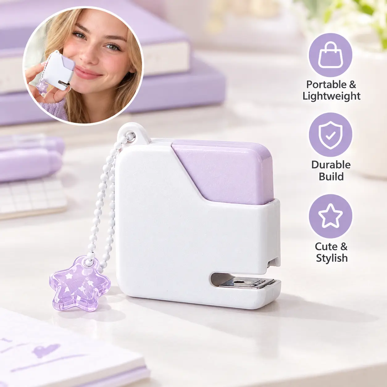 1 Count Mini Portable Stapler, sugar cube shape with 40 10# staples and star pendant, for 2-10 sheets 80g paper binding for daily school office use