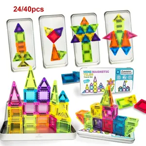 Mini Magnetic Tiles, one box (24/40PCS) Magnetic Building Blocks with Iron Box, Magnet Toys Travel Size On-The-Go Construction Set STEM Travel Toys for Boys and Girls Ages 3+