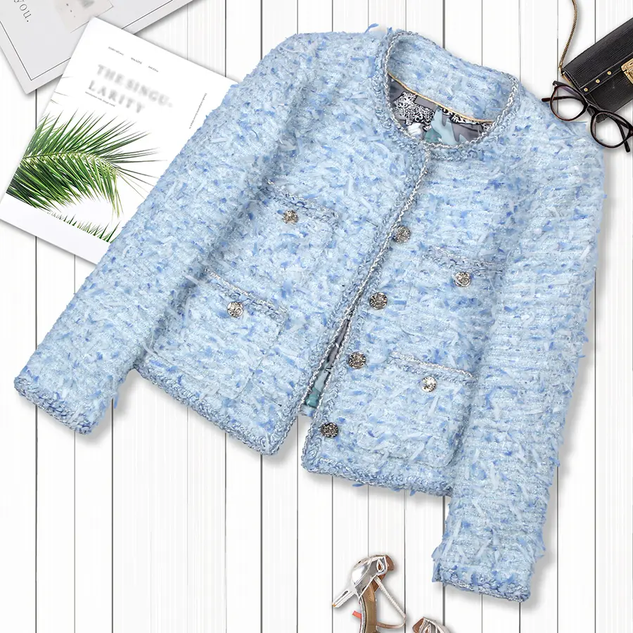 DS Unique Design Coats for Women, Elegant Longsleeve Tweed Jacket with Beaded Details for Everyday Fashion