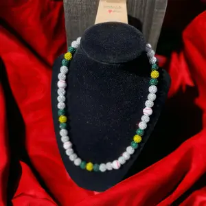 Green white and yellow handcrafted beaded necklace rhinestones