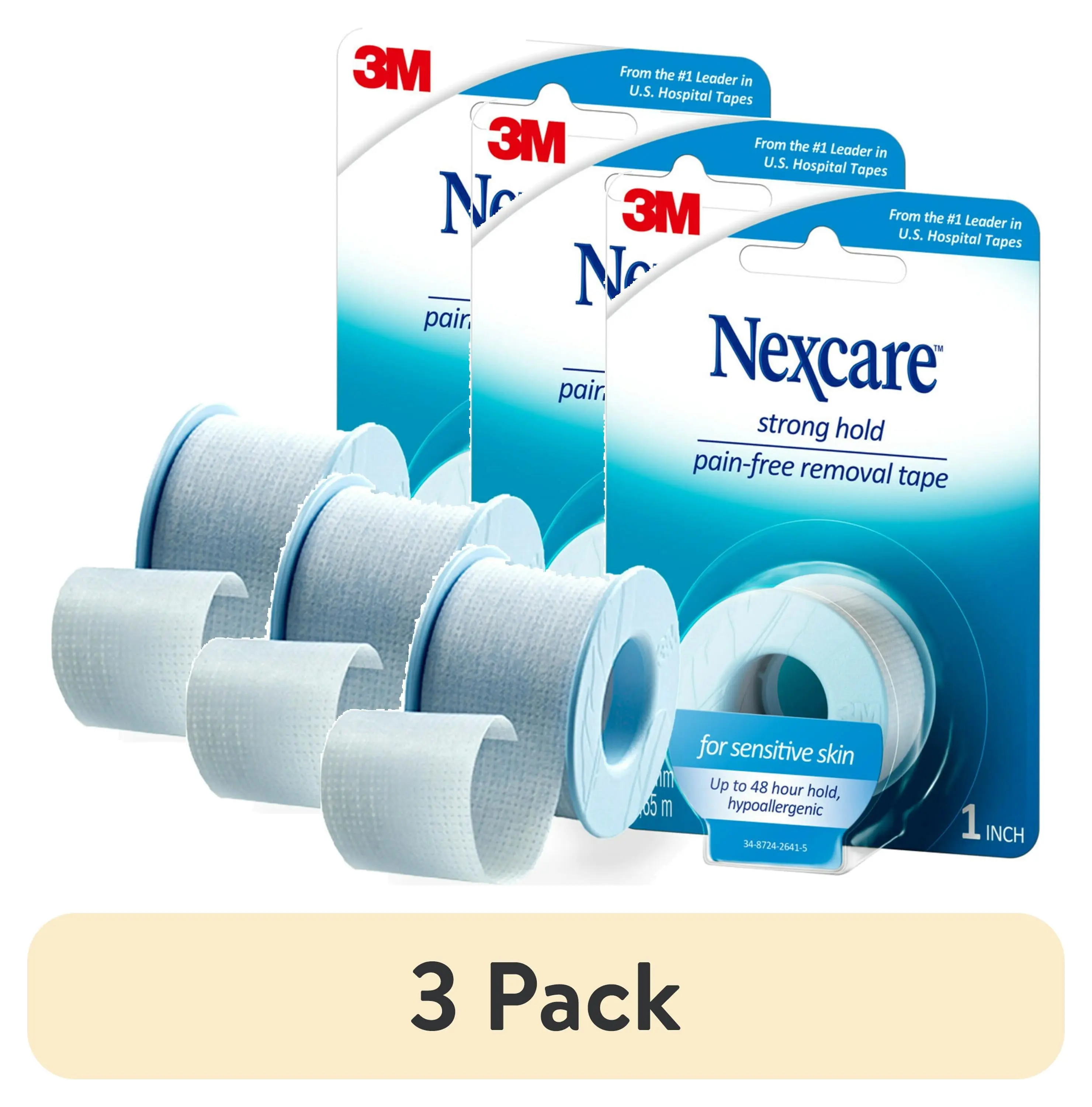 3-Pack Nexcare Pain-Free Removal Tape, Strong Hold, 1 Inch x 4 Yards Each Roll