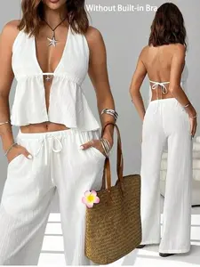 Women's Sexy Halter Tie Back 2 Piece Set, Backless Crop Top and Bodycon Matching Outfit for Night Out Clubwear