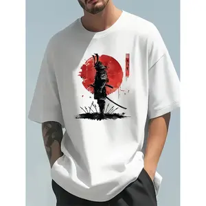 Men's Summer 100 Cotton Fashionable Casual Loose Japanese Samurai Pattern Printed Round Neck Short Sleeve T-shirt Top