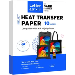 Iron-On Heat Transfer Paper for Dark Fabric 10 Pack 8.5"x11" T-Shirt Transfer Paper for Inkjet Printer Wash Durable, Long Lasting Transfer, No Cracking