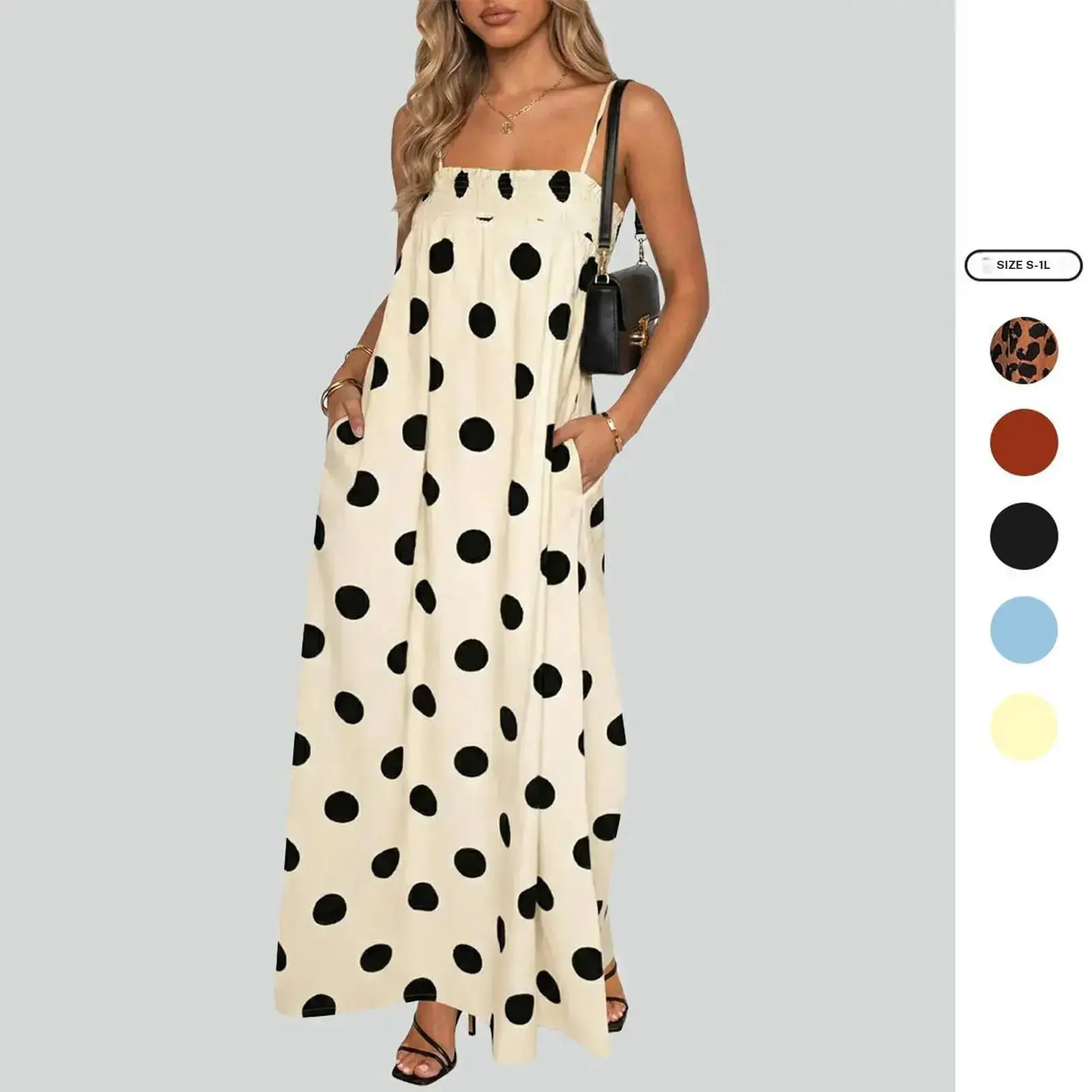 Imily Bela Womens Summer Polka Dot Maxi Dress Casual Spaghetti Strap Smocked Loose Fit Vacation Beach Dresses with Pockets