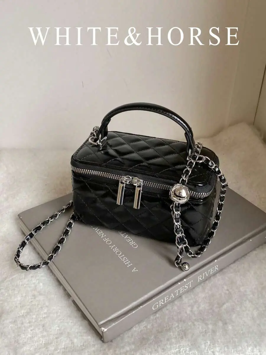 1pc Fashion PU Quilted Diamond Stitch Zipper Clutch Bag, Versatile Ladies Handbag With Detachable Shoulder Chain