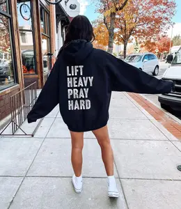 Lift Heavy Pray Hard Hoodie, Christian Gym Shirts, Gym Gift For Women Long Sleeve Pocket Pullover Fall Fashion 2025 Printed in the USA Printed Unisex Casual Hoodie