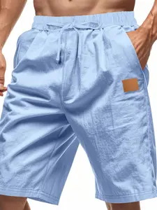 Men's Solid Color Plain Linen Shorts, Casual Comfy Drawstring Waist Loungewear Shorts for Summer Tropical, Men's Bottoms for Daily Wear