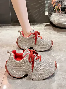 Women's Thick Sole Platform Sneakers, Rhinestone High-Transparency Mesh, Unique Design, Hand-Made Rhinestones, Fashionable Luxury Casual Shoes, Thick Soled Sneakers