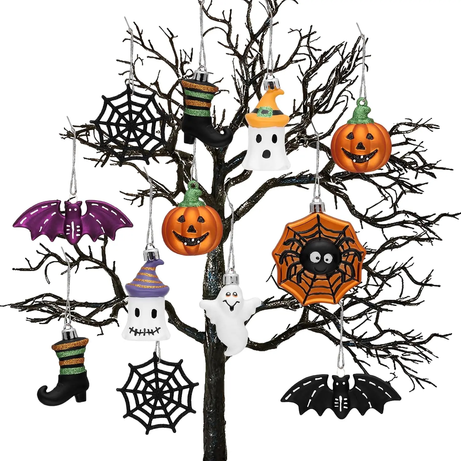 12ct Shatterproof Halloween Ornaments Set, Spooky Vintage Hanging Balls with Jack-o'-Lantern, Spider, Bat, Ghost Designs for Mini Tree, Indoor Home Decorations & Holiday Party Supplies