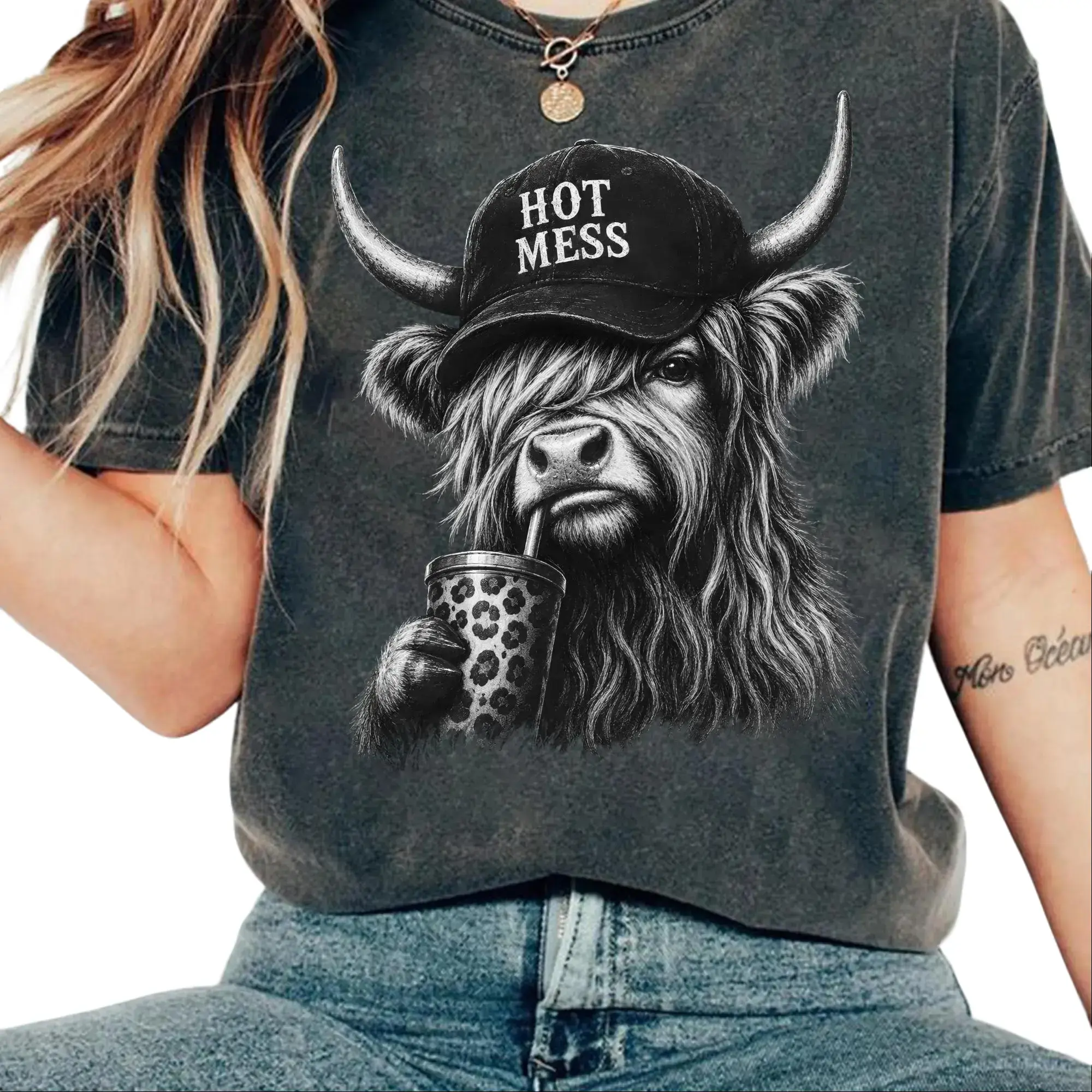 Comfort Colors Hot Mess Highland Cow Shirt, Funny Cow Tee, Coffee Lover Gift, Cute Country Girl Shirt