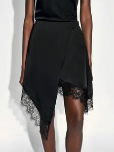 Elegant Lace Patchwork Asymmetrical Skirt, French High-End Sexy Style, Irregular Hem, Hidden Slit, Slimming Leg Look, Perfect for Dates, Parties, Night Out
