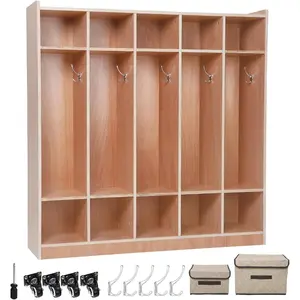 5-Section Classroom Coat Locker, 10 Cubbies w/Anti-tip Kit for Classrooms, Daycare Cubby with 4 Casters, 5 Hooks & 2 Storage Boxes, for Home, School, Kindergarten