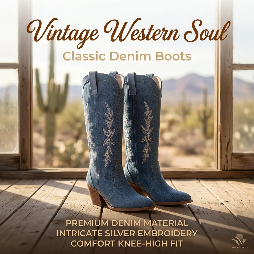 Women's Classic Denim Western Knee-High Boots - Denim Upper, Pointed Toe, Water-Wash Blue, White Stitching, Chunky Heel, Women's Footwear Shoe