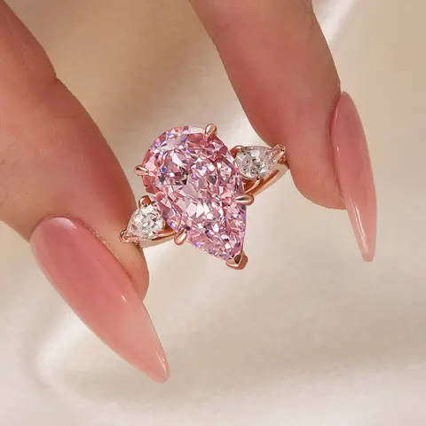 Maxine 8.0ct Pear Cut 3-Stone Pink/Clear/Yellow Engagement Ring In 925 Sterling Sliver,Daily Wear Fashion Side Stone Affordable Luxury Jewelry,Travel-Friendly Wedding Ring, Engagement Rings, Rings For Women