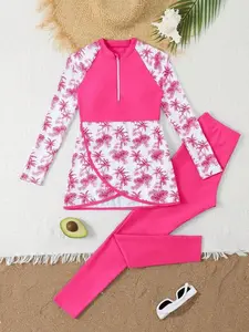Tween Girls Purple Modest Swim Set | Mermaid Tropical Palm Print Long Sleeve Top & Pants | Arabic Style Summer Beach Holiday Swimwear