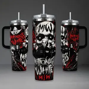 Motionless In White Band Inspired Tumbler, Scoring The End Of The World 40oz Cup with Handle, Chris Motionless 20oz Stainless Steel Travel Mug, Metalcore Fan Gift, MIW Inspired Insulated Tumbler Featuring Epic Blue Flame Design.