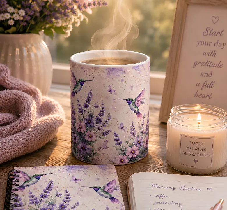 Lavender Bouquet Hummingbird Mug | Floral Ceramic Coffee Cup