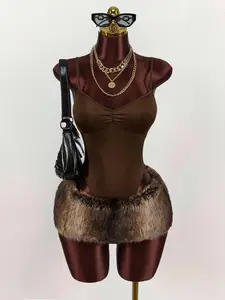 Women's Colorblock Bodysuit & Faux Fur Skirt Set | Sleeveless Sexy Two Piece Outfit | Y2K Party Clubwear Matching Set