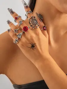Women's Gothic Vampire Punk Style Ring Set, Deep Rose & Spider Web Design, Witchy Jewelry, Perfect Halloween Party Accessory, 9-Piece Jewelry Collection