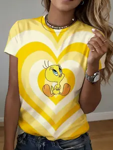 women's short sleeve T-shirt Heart Pattern With Tweety Bird Centered 3D full-frame printing spring and summer fashion trend exercise women's soccer jersey healing travel color blocking women's clothing short sleeves mom