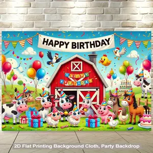 2D Flat, 1pc Farm Animal Birthday Party Backdrop with Happy Birthday Banner - Cute Cow, Pig, Chicken, Horse & Sheep with Balloons, Confetti & Happy Birthday Letters - Vibrant Polyester Fabric Wall Hanging for Boys Girls Indoor/Outdoor Decorations (No