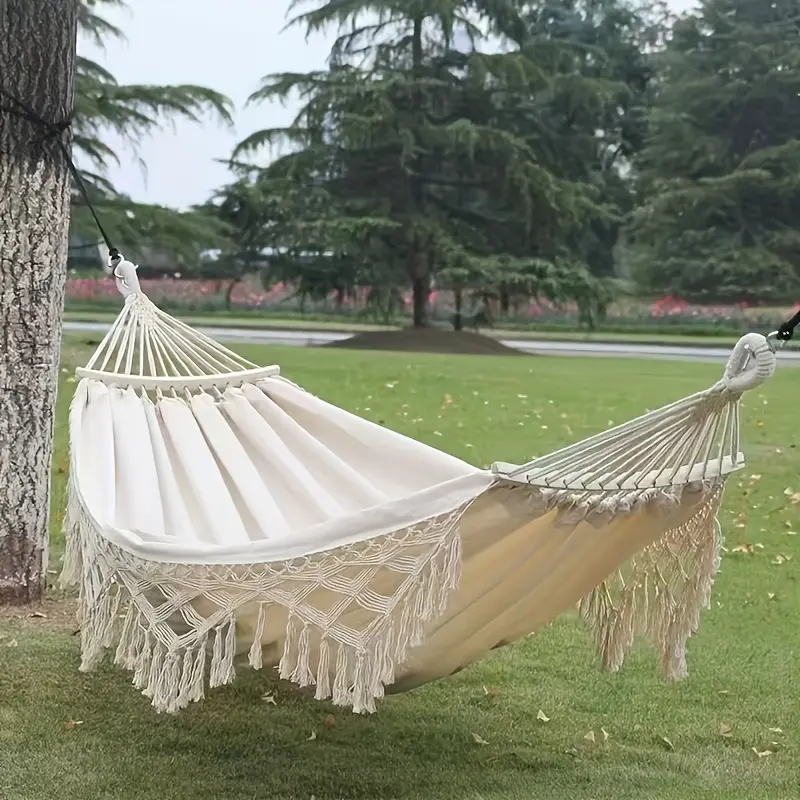 Extra-wide Thickened Canvas Outdoor Hammock, Brazilian Lace Tassels For Two People, Luxurious Hammock For Two, Rocking Chair, Suitable For Beach, Courtyard, Bedroom, Terrace, Balcony, Indoor And Outdoor, Father'S Day Gift, Without Battery