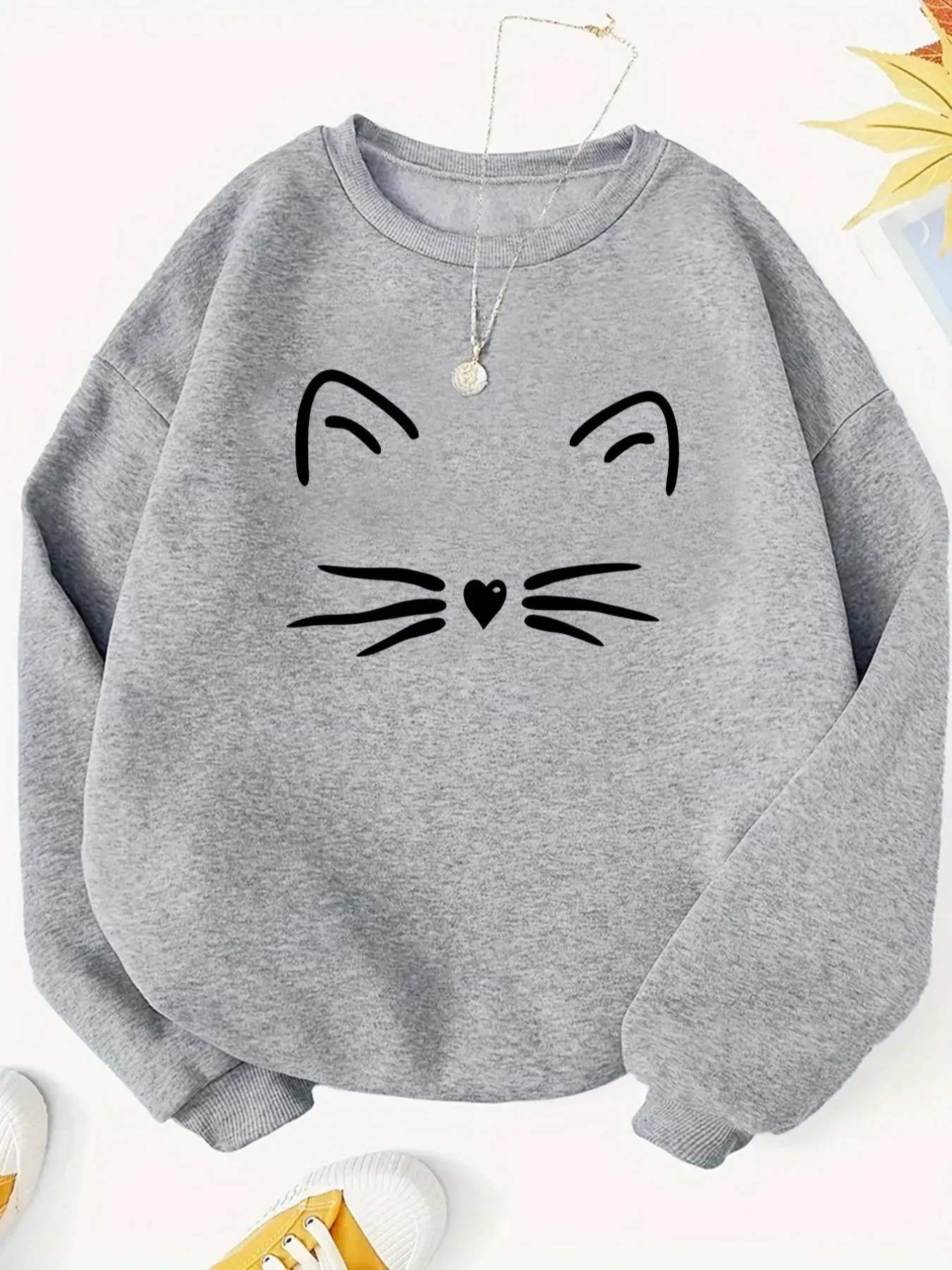 Women's Cat Print Animal Drop Shoulder Sweatshirt, Casual Style Long Sleeve Round Neck Fit Pullover for Fall & Winter, Ladies Clothes for Daily Wear