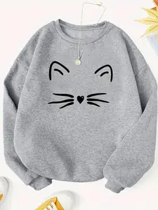 Women's Cat Print Animal Drop Shoulder Sweatshirt, Casual Style Long Sleeve Round Neck Fit Pullover for Fall & Winter, Ladies Clothes for Daily Wear