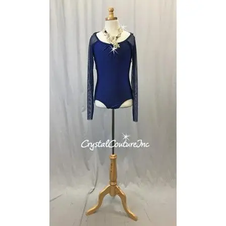 Navy Blue Lycra Leotard with Sheer Mesh Sleeves and Back Draping - Appliques - Rhinestones