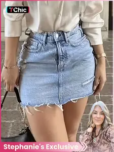 20672's Exclusive Women's High-Waisted Button-Front Denim Skirt, Plain Design Short A-Type Cut, All-Season Fashionable Comfort Fit