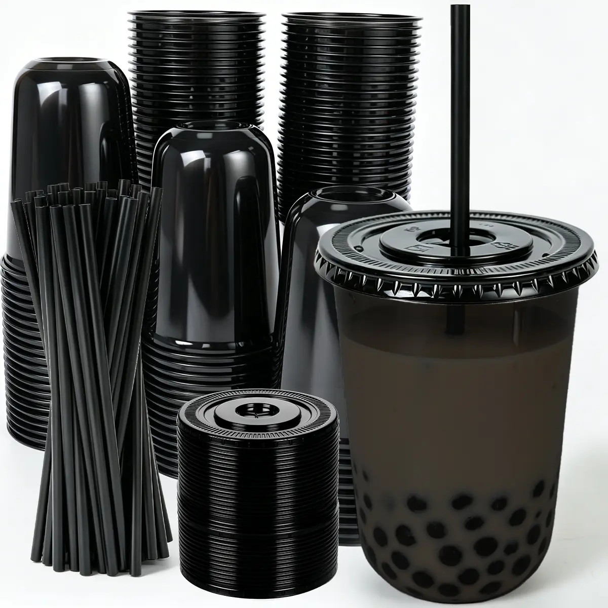 16oz PET Disposable Stemless Cups with Flat Snap Lids and Straws, Plastic Wine Glasses for Parties & Festive Events, Home & Disposable Tableware Supplies (100, Black), Snap Lid