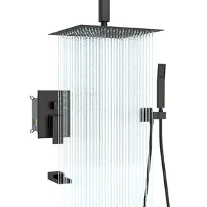 Sarlai Ceiling Mount Slide Bar Shower Faucet Set, Slide Bar Shower Kit with Handheld sprayer and Waterfall Tub Spout, Pre-Buried Valve, 12 Inch Square Rain Shower Head System