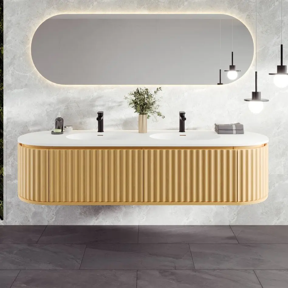 Haven 71 in. Natural Oak Wall Mount Double Sink  Bath Vanity with Solid Surface Top and Integrated Sinks