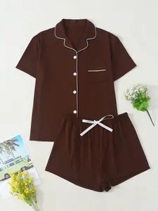 Spring Summer New Women's Pajama Sleepwear Set, Breathable Comfort Fabric, Front Button Color Block Design, Indoor Outdoor Wear