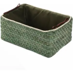 Basket Woven Maize Straw Storage with Handle, (Rectangular,Green Small:12.60"Lx8.66"Wx5.51"H)