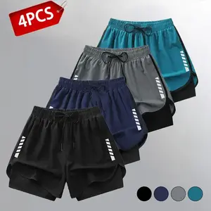 Men’s 4-Pack Two-in-One Sports Shorts — Multicolor Combo, Reflective Stripe Design, Ideal for Gym and Outdoor Activities