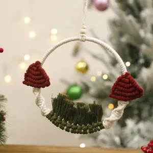 1pc Christmas Ornament Hanging Decoration, Handmade Boho Santa Hat Wreath With Green Tassels, Rustic Farmhouse Wall Hanging, Holiday Xmas Tree Ornament, Living Room Fireplace Bedroom Window, Christmas Party Indoor Outdoor Decorations