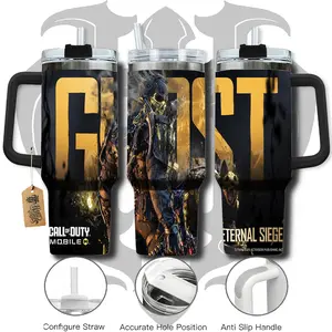 HardTimesMerch - Call of Duty: Ghost #3 40oz Handle Tumbler Stainless Steel Travel Mug, Game Inspired Vacuum Insulated Cup, Large Iced Coffee Tumbler, Manga Fighter Drinkware, Gamer Gift for Him Her