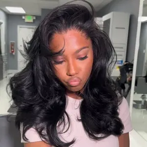 Salon Style at Home-Sunber Pre-Styled Body Wave Lace Frontal Wig with Side Bangs Layered Cut Human Hiar Wigs-No-Fuss, Glueless & Ready to Wear Wig Pre Cut Pre Bleached Pre Plucke 180% Density TikTokShopSpringGlowUp