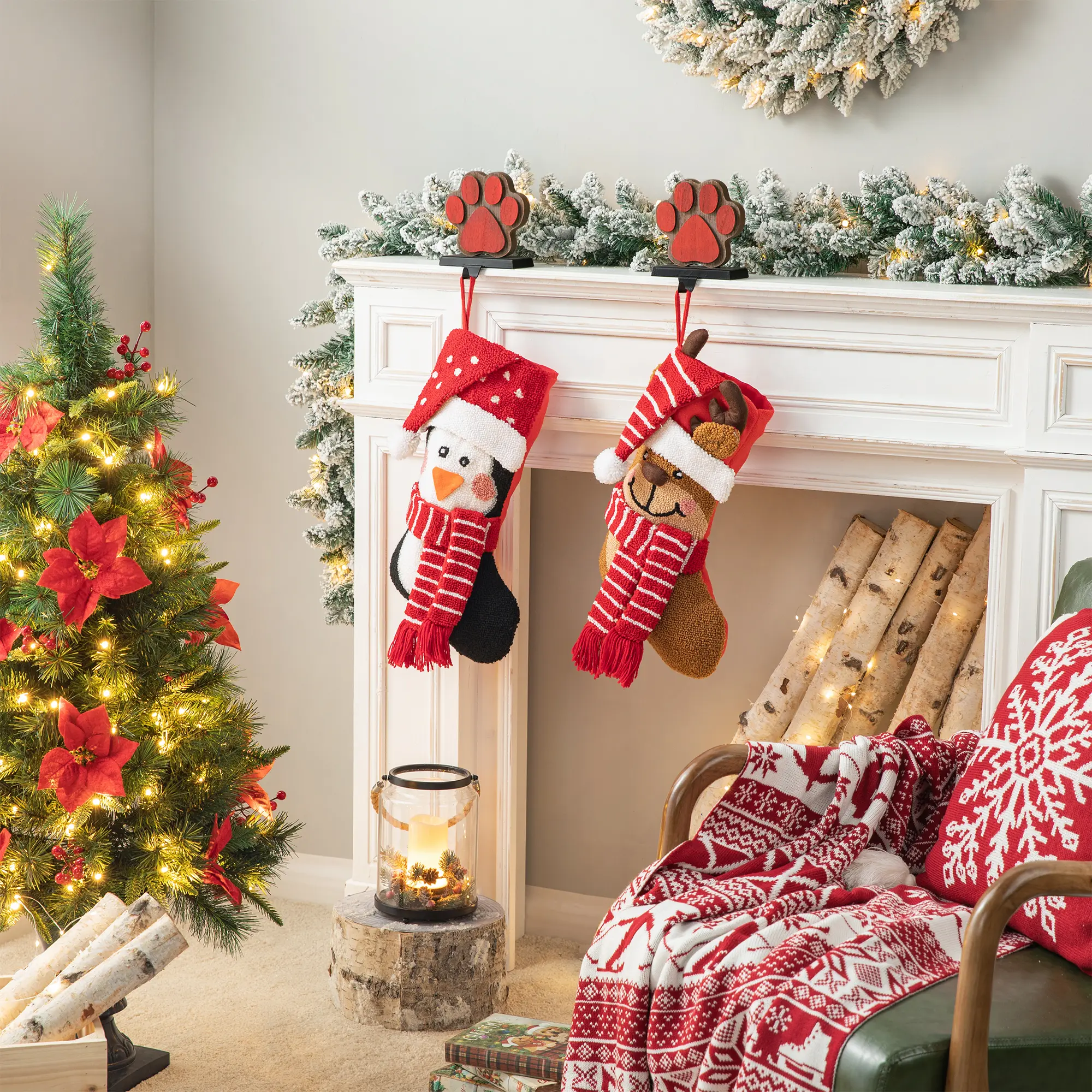 【Christmas in July】 Glitzhome 19.00"L Hooked Stocking, 3D Reindeer