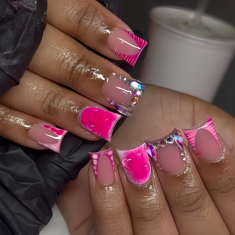 24pcs Medium Duck Bill Nail Art Set, Rose Color, Striped & Rhinestone Decorations, Glossy Finish, Easy to Apply, for All Girls & Ladies, Stylish Acrylic Nails