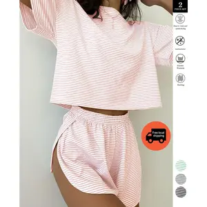 Two-piece set Simple Four Seasons Spring and Summer Contrast Stripes Casual Loose Knit Short Sleeves Tops Side Slits Shorts Home Clothes Set Suitable for Home Use Silk Satin Lace Pajama Set pajamas Striped Beach organic fabric