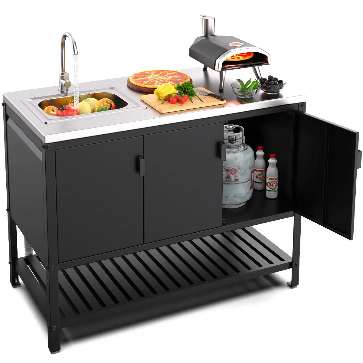 Outdoor barbecue grill with sink, 304 stainless steel sink, movable prep table with cabinet, rolling kitchen island with spice rack and hooks, suitable for backyard cooking, patio, and garden