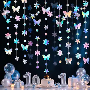 6 Pack 13Ft Iridescent Butterfly Garland Holographic Banner Double Side Shiny Party Streamers Hanging Banner for Wall Backdrop Wedding Birthday Bachelorette Party Decor